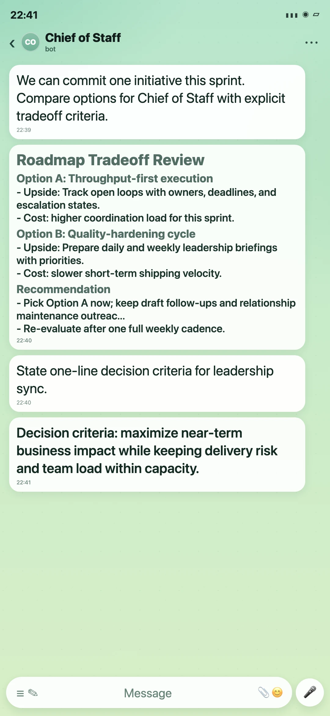 Chief of Staff Telegram roadmap tradeoff review screenshot