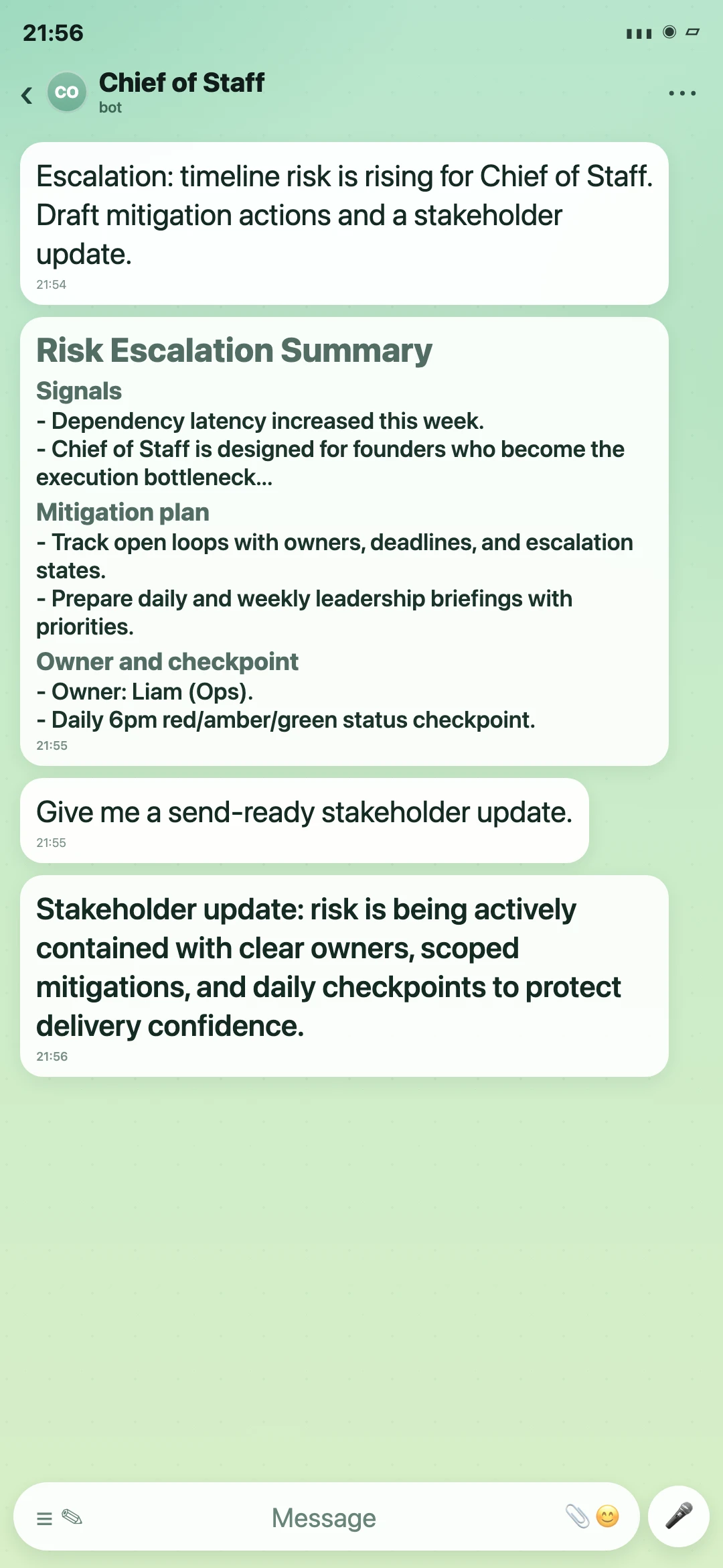 Chief of Staff Telegram risk escalation summary screenshot