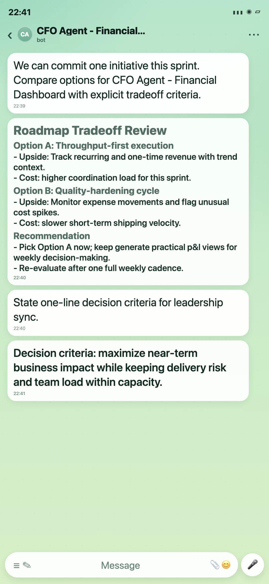 CFO Agent - Financial Dashboard Telegram roadmap tradeoff review screenshot