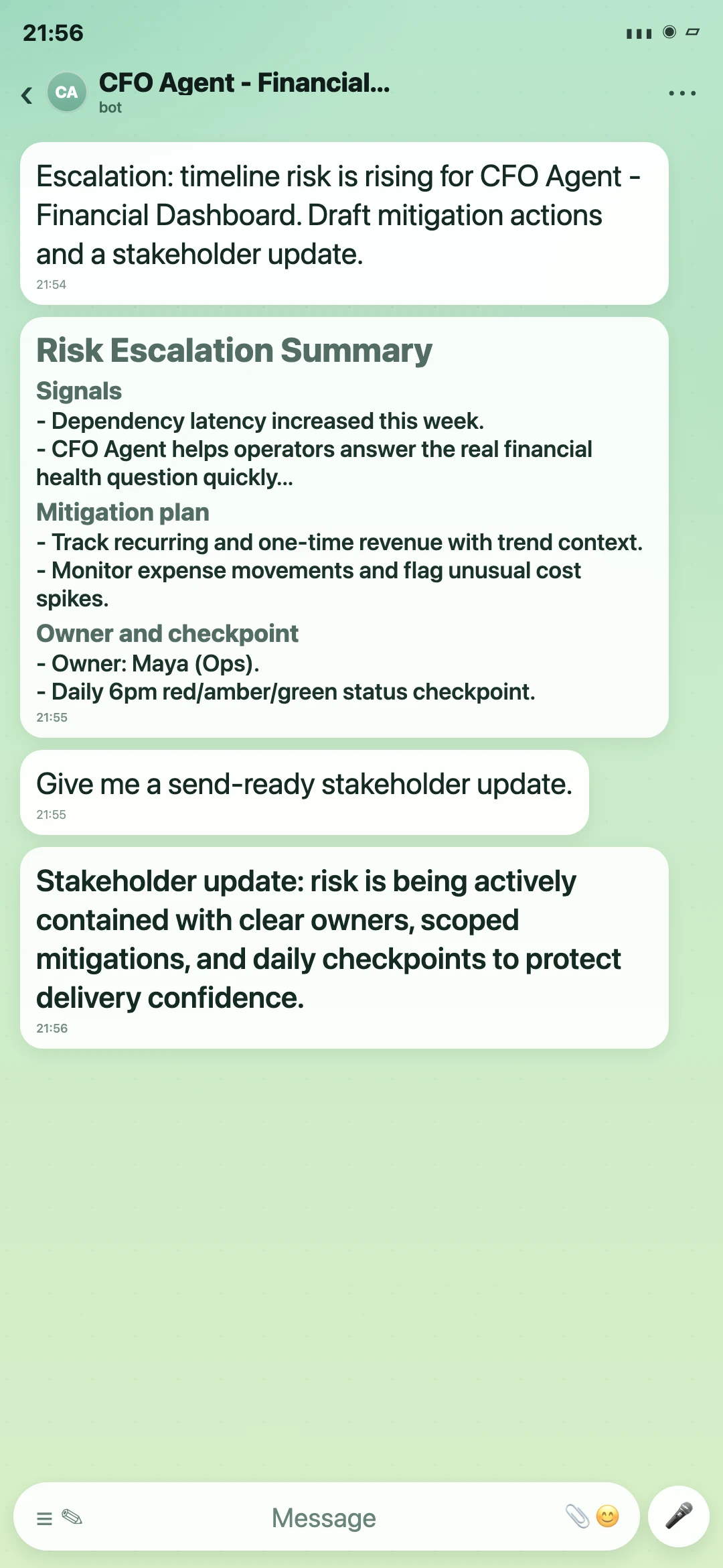 CFO Agent - Financial Dashboard Telegram risk escalation summary screenshot