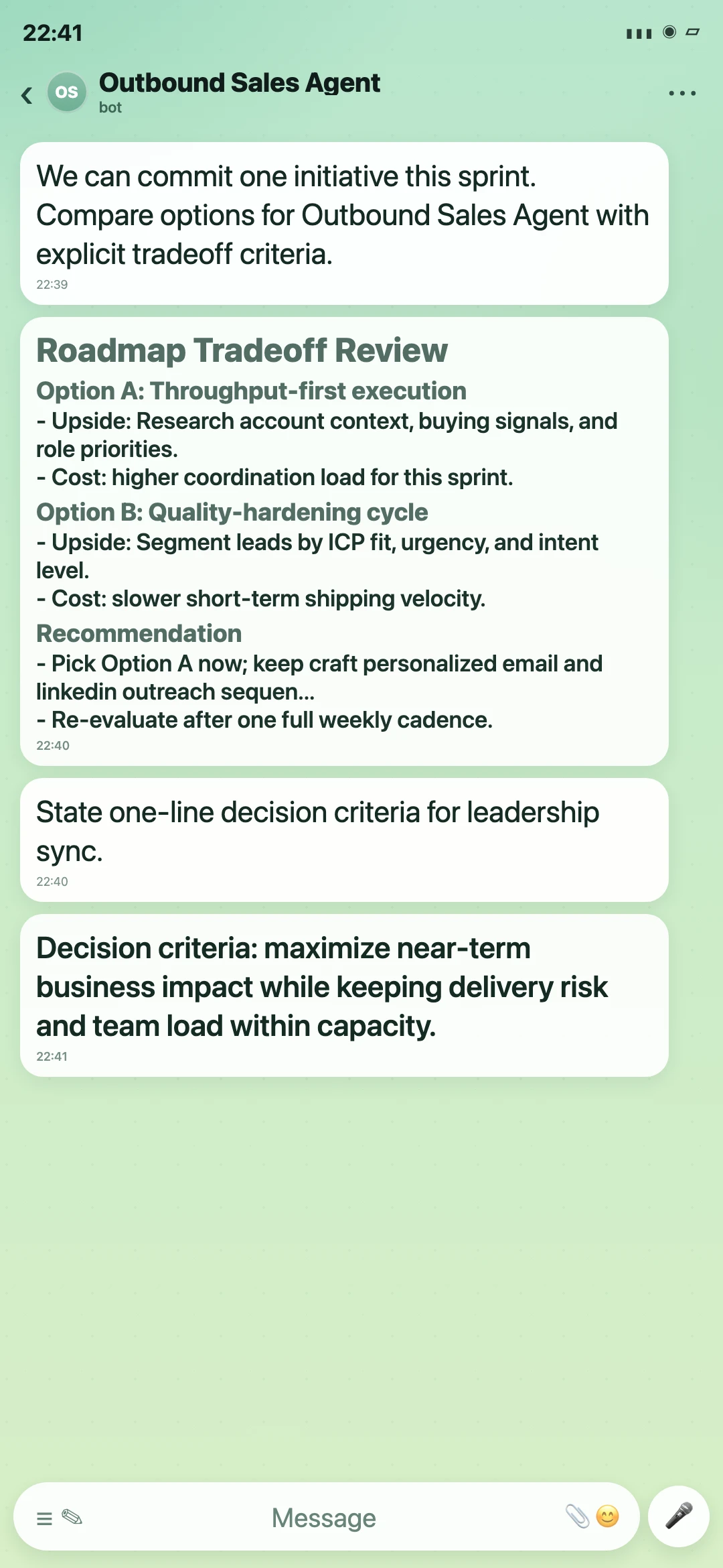 Outbound Sales Agent Telegram roadmap tradeoff review screenshot