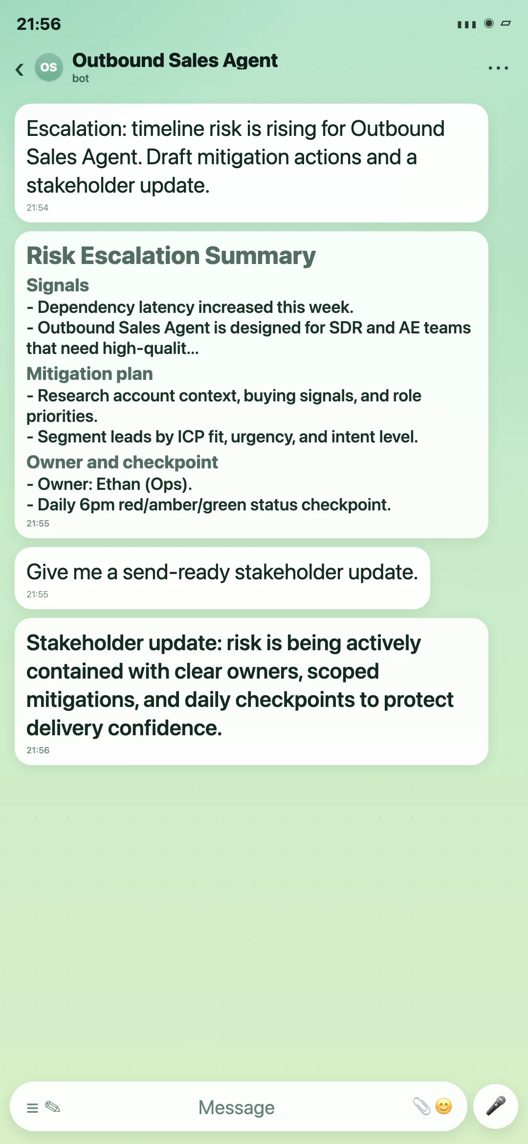 Outbound Sales Agent Telegram risk escalation summary screenshot