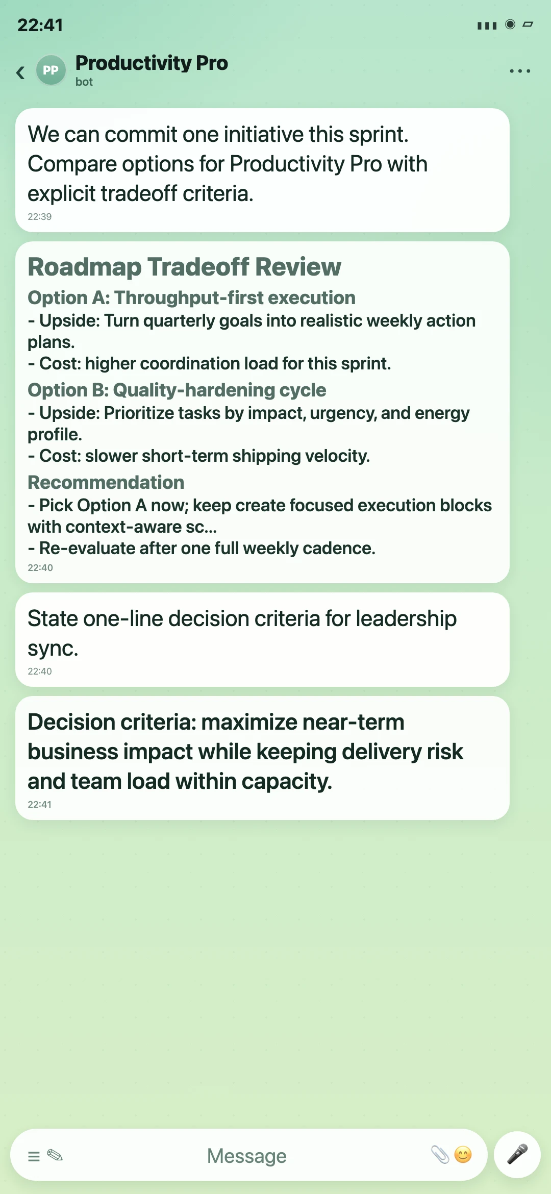 Productivity Pro Telegram roadmap tradeoff review screenshot