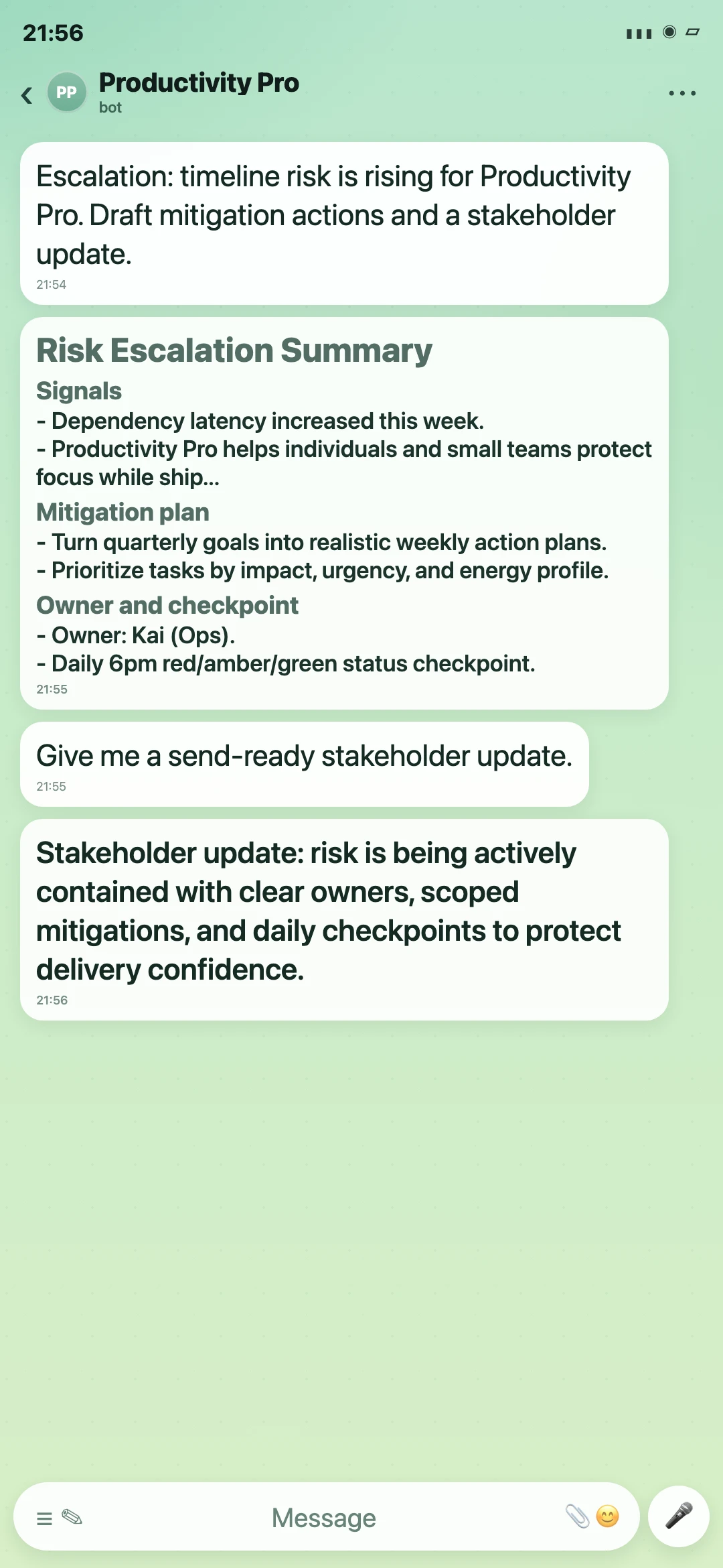 Productivity Pro Telegram risk escalation summary screenshot